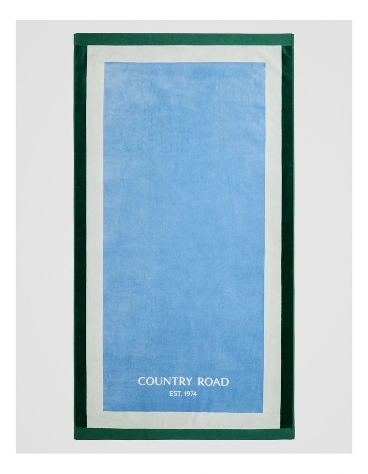 Verified Australian Cotton Cr Est. 1974 Border Beach Towel in Arctic Blue image 1