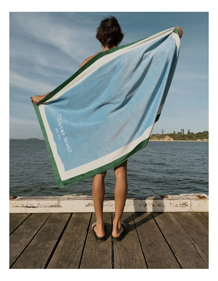 Verified Australian Cotton Cr Est. 1974 Border Beach Towel in Arctic Blue image 2