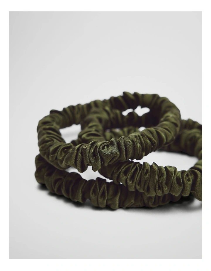 Small Silk Scrunchie Pack Of 3 in Dark Olive image 2