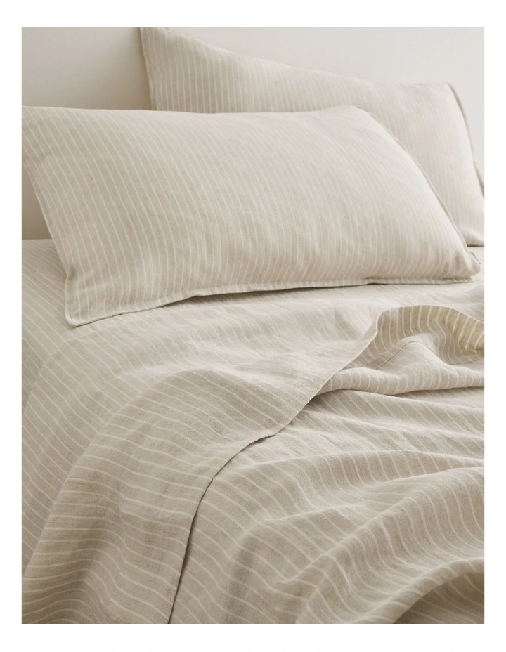 Skye Linen Queen Fitted Sheet in Natural Pinstripe image 2