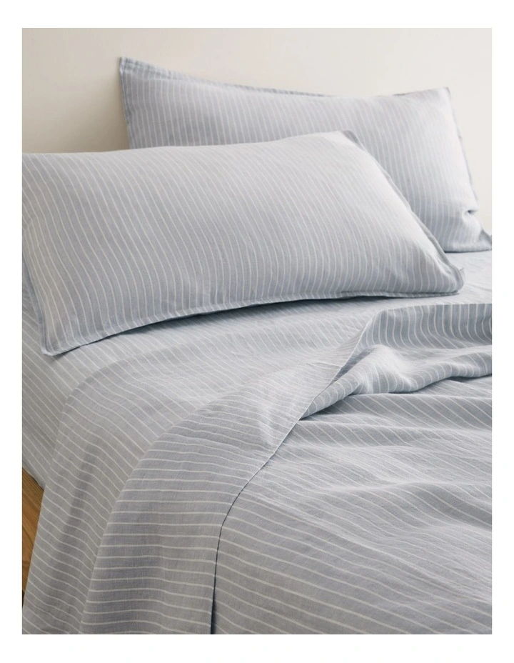 Skye Linen King Flat Sheet in Ciel Blue Pinstripe image 1