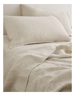 Skye Linen Queen Flat Sheet in Natural Pinstripe