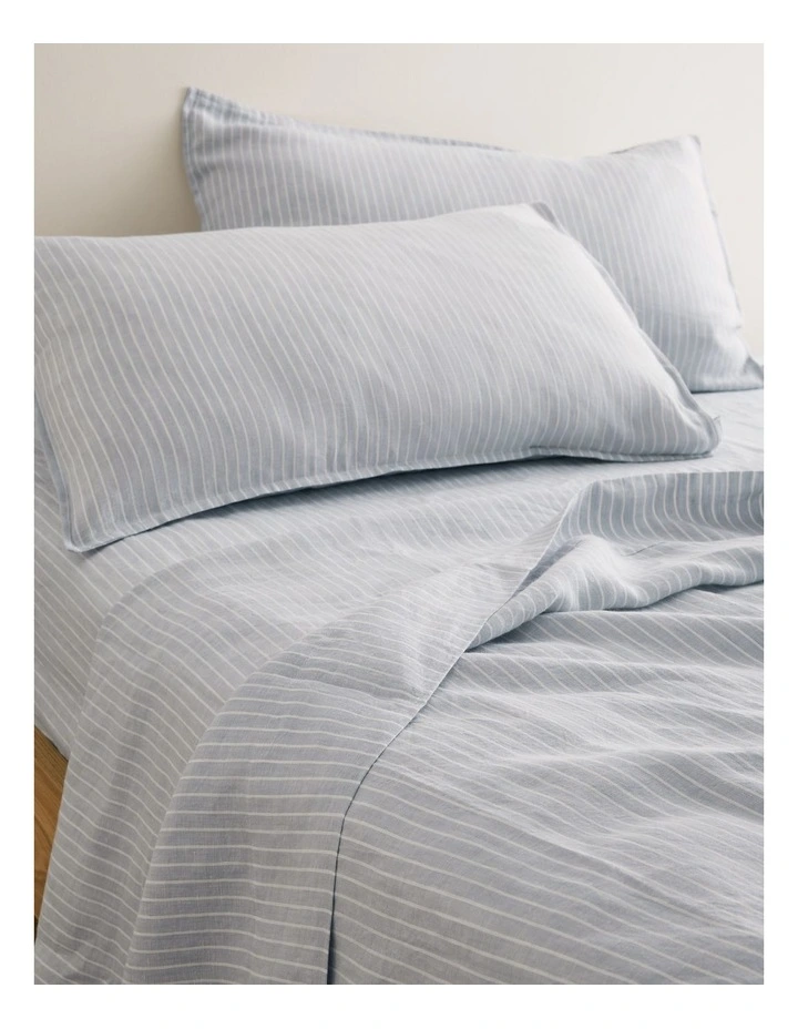 Skye Linen King Fitted Sheet in Ciel Blue Pinstripe image 2