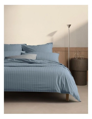 Bayley Stripe Washed Percale Quilt Cover Set in Steel Blue
