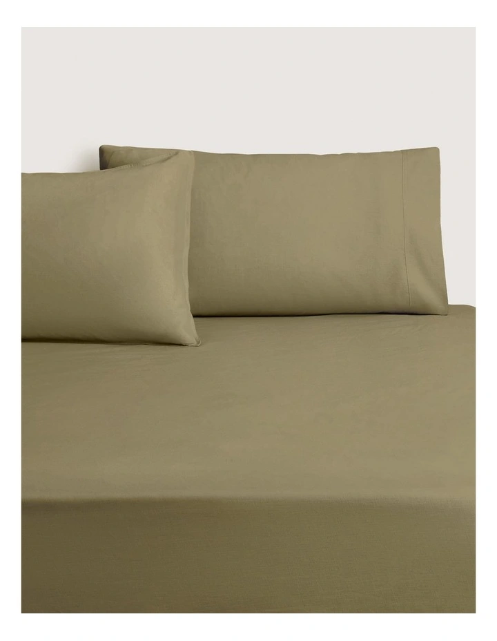 Hayes Washed Linen Cotton Fitted Sheet in Green Olive image 1
