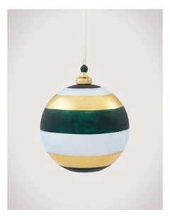 Wide Stripe Metallic Glass 12cm Ball in Ivy/Breeze