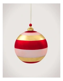Wide Stripe Metallic Glass 12cm Ball in Poppy and Pink