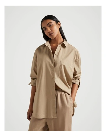 Cotton Poplin Long Sleeve Shirt in Walnut