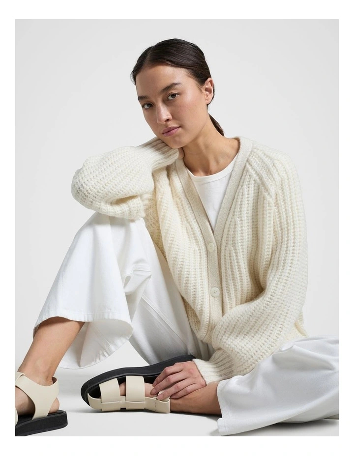 Rib V Neck Cardigan in Cream image 4