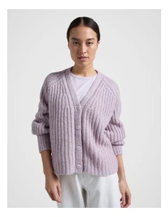 Rib V Neck Cardigan in Purple