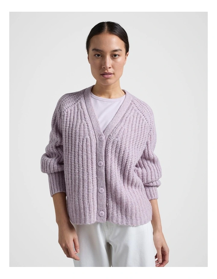 Rib V Neck Cardigan in Purple image 1