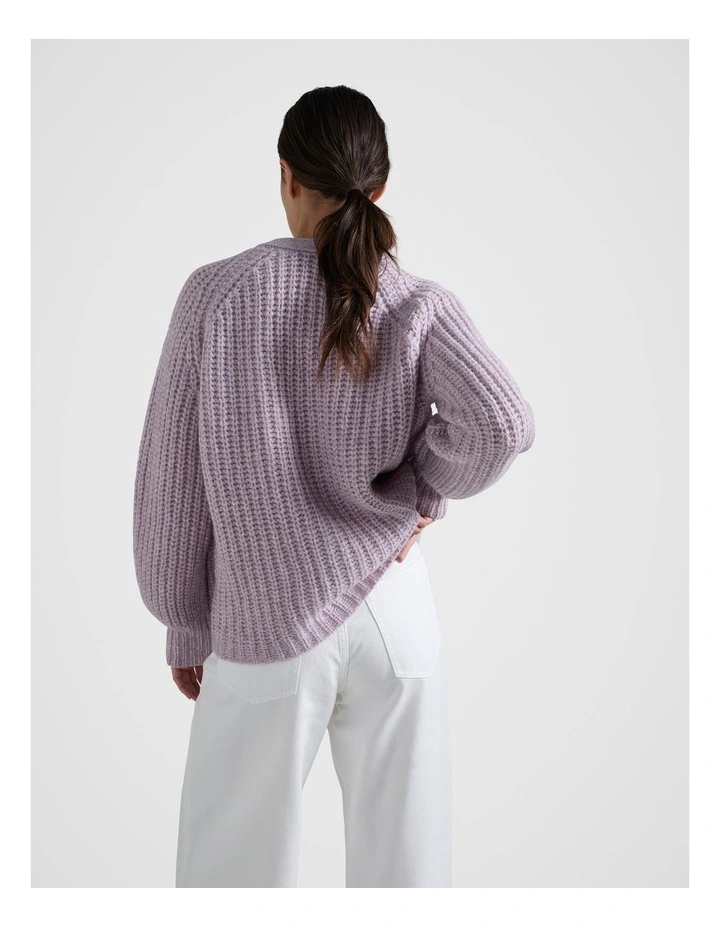 Rib V Neck Cardigan in Purple image 2