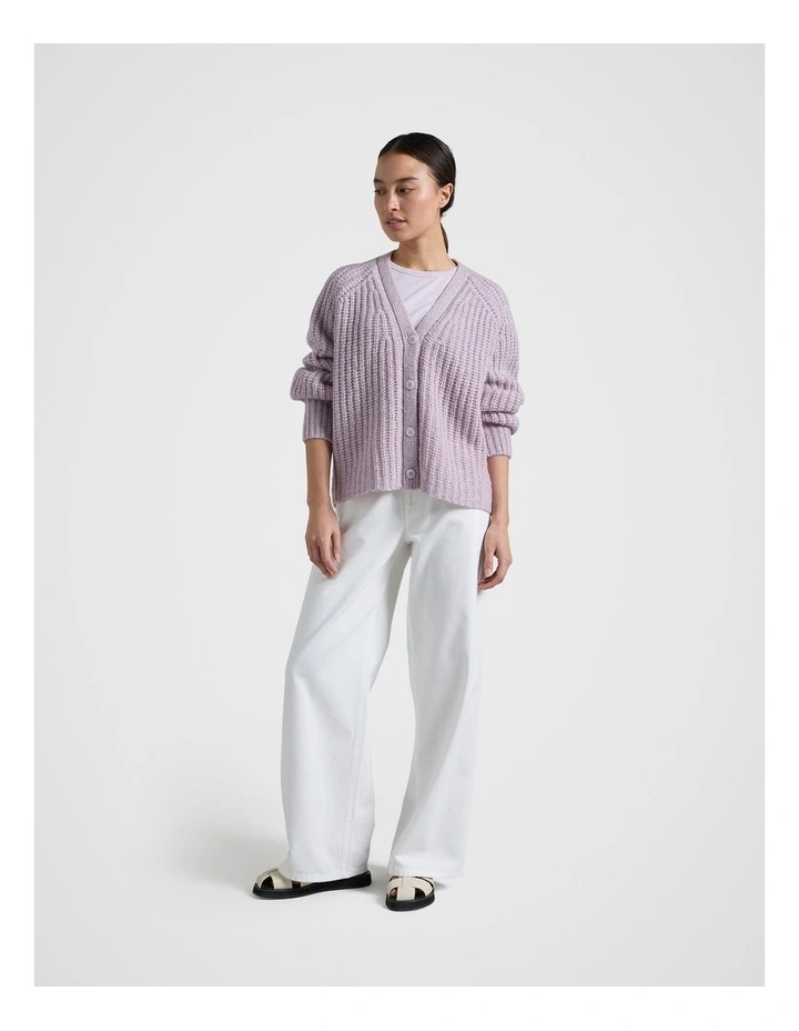Rib V Neck Cardigan in Purple image 3