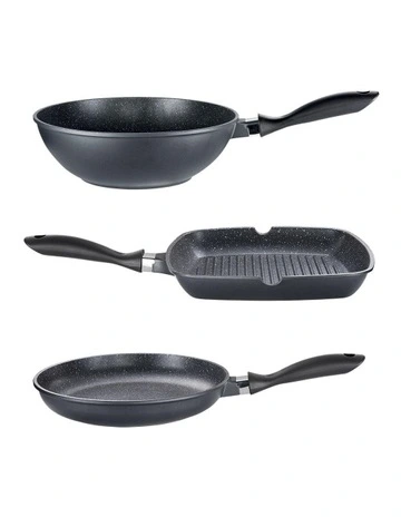 Baccarat STONE Non-Stick Grill, Wok & Frypan Tri Pack 28cm in Grey