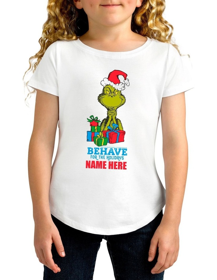 Girl's Dr Seuss The Grinch Behave Personalised Cotton T-Shirt White
