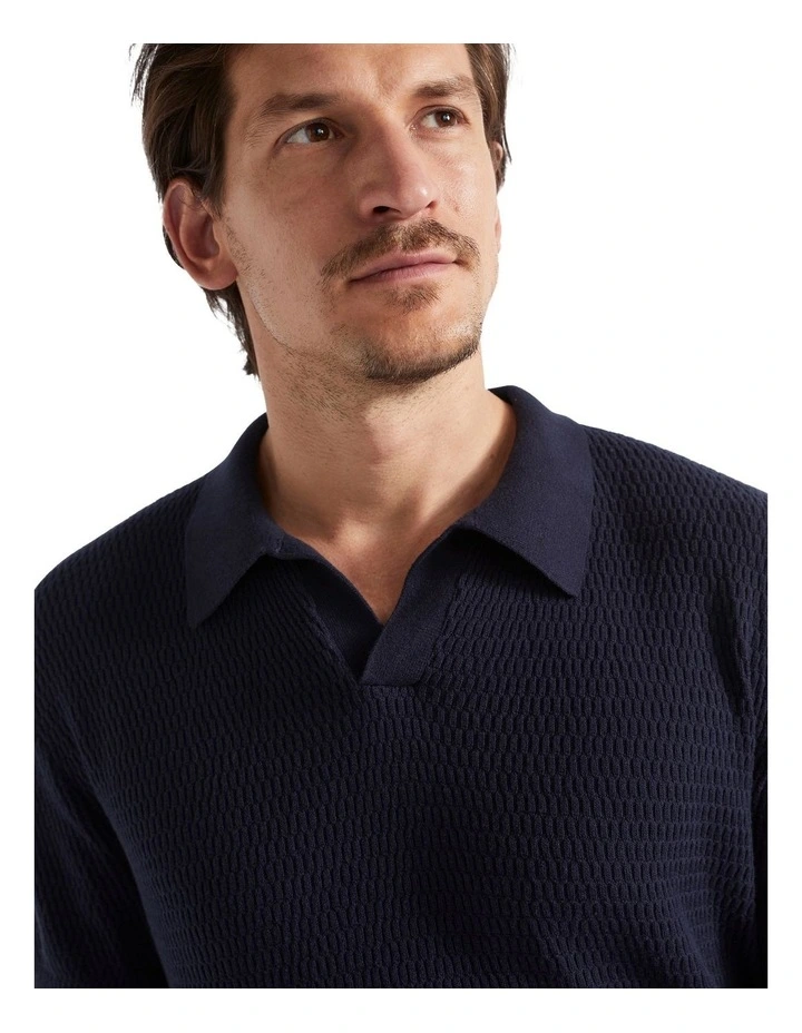 Knitted Trophy Polo Shirt in Midnight Blue image 3