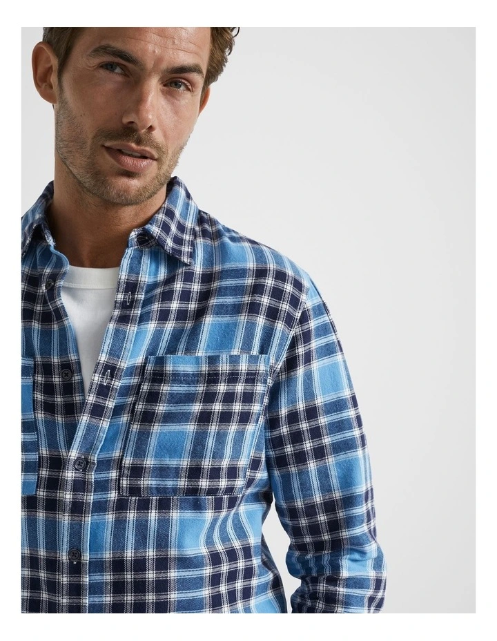 Brushed Check Flannel Shirt in Deep Chambray Marle image 3