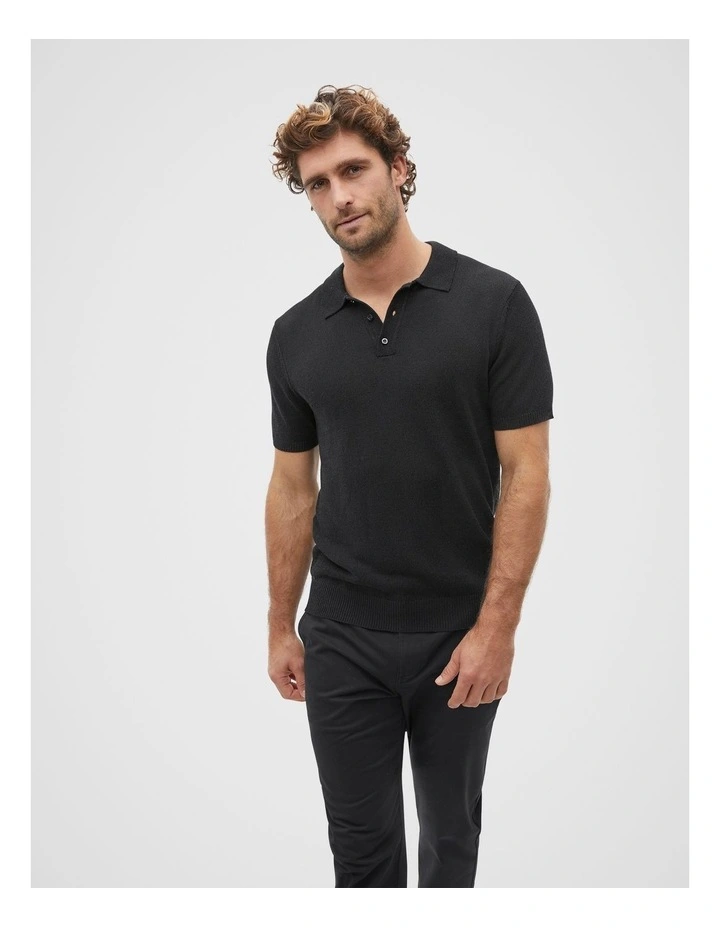 Linen Blend Polo Knit in True Black image 1