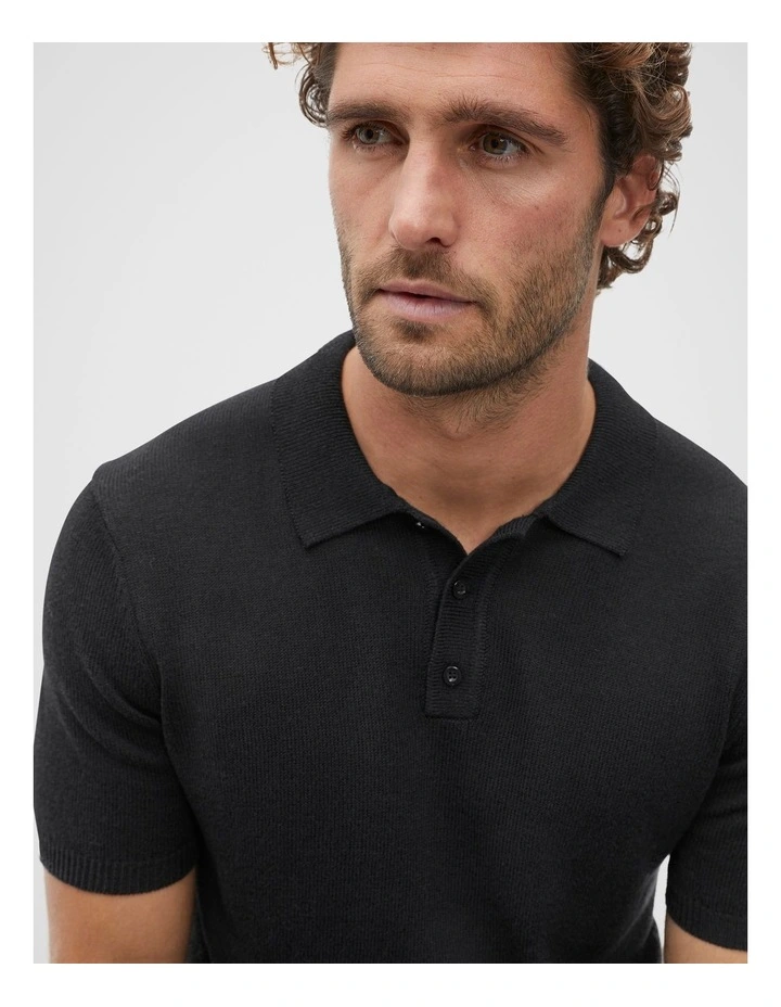 Linen Blend Polo Knit in True Black image 2