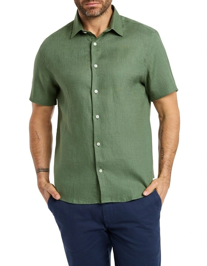Felix Short Sleeve Linen Shirt in Seaweed image 1
