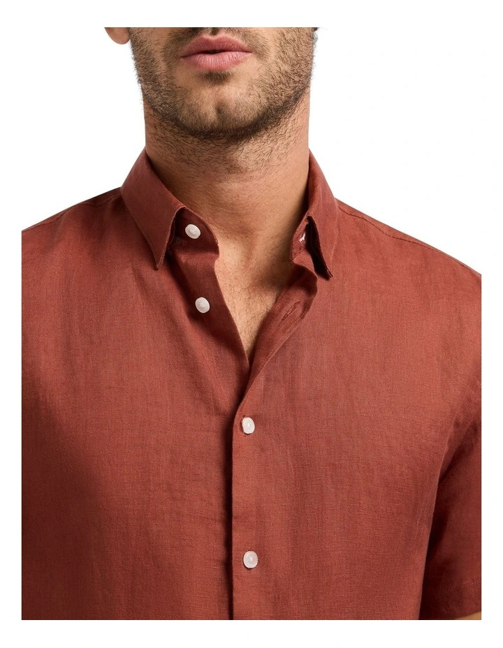 Felix Short Sleeve Linen Shirt in Terracotta image 3