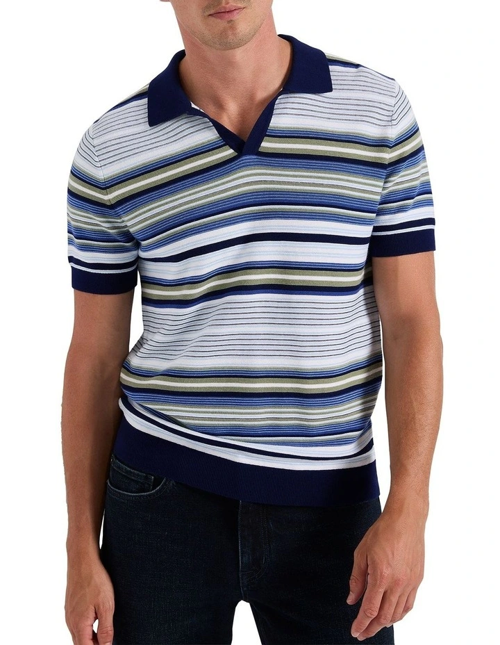 Kyle Stripe Knit Polo Shirt in Blue Stripe image 1
