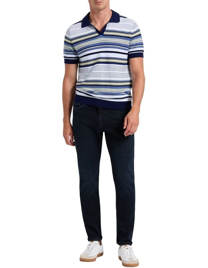 Kyle Stripe Knit Polo Shirt in Blue Stripe image 2