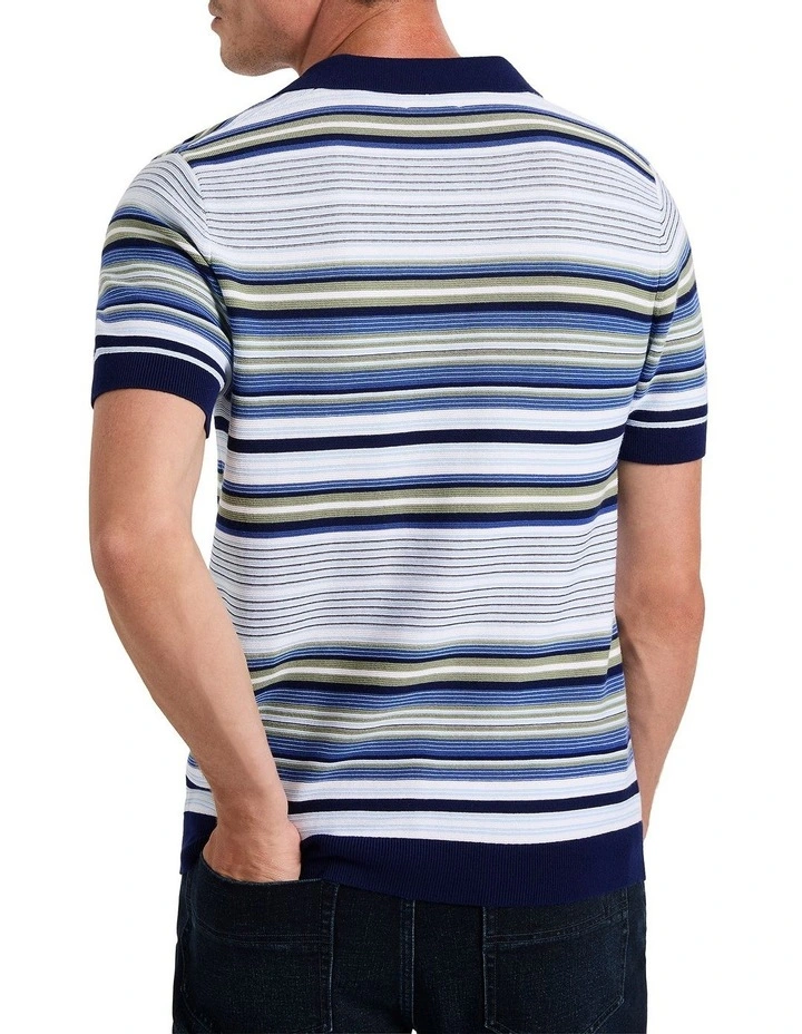 Kyle Stripe Knit Polo Shirt in Blue Stripe image 3