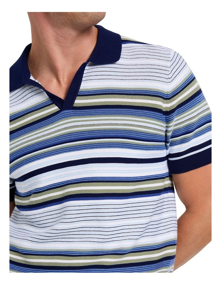 Kyle Stripe Knit Polo Shirt in Blue Stripe image 4