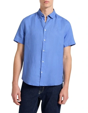 Felix Short Sleeve Linen Shirt in Bright Blue