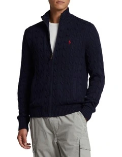 Cable-Knit Cotton Full-Zip Sweater in Blue