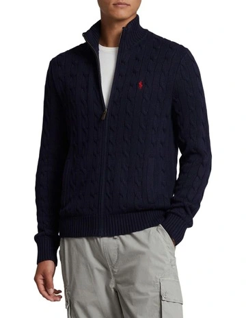 Cable-Knit Cotton Full-Zip Sweater in Blue