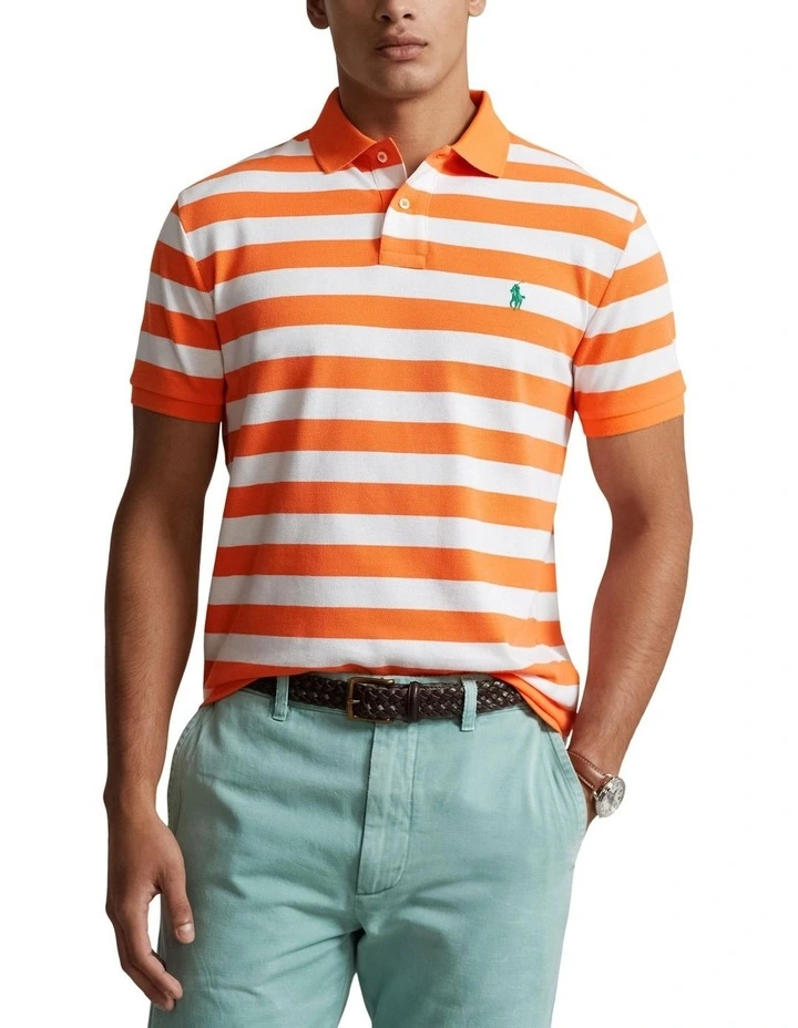 Custom Slim Fit Striped Mesh Polo Shirt in Orange image 1