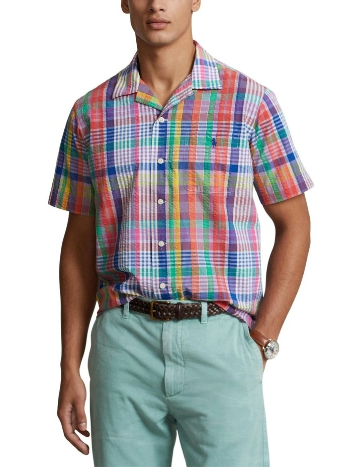 Classic Fit Plaid Seersucker Camp Shirt in Assorted image 1