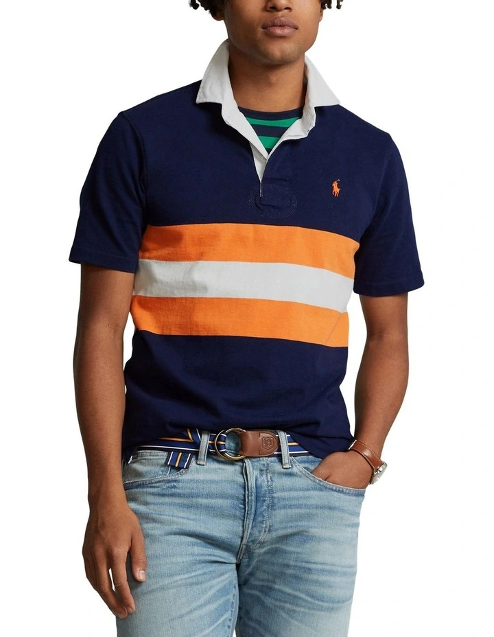 Classic Fit Striped Jersey Rugby Shirt in Navy image 1