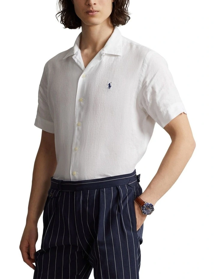 Classic Fit Linen Camp Shirt in White image 1
