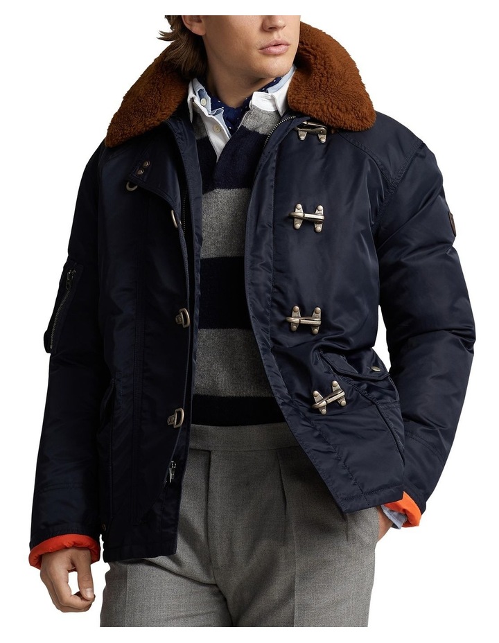 Shearling-Collar Down Jacket in Blue