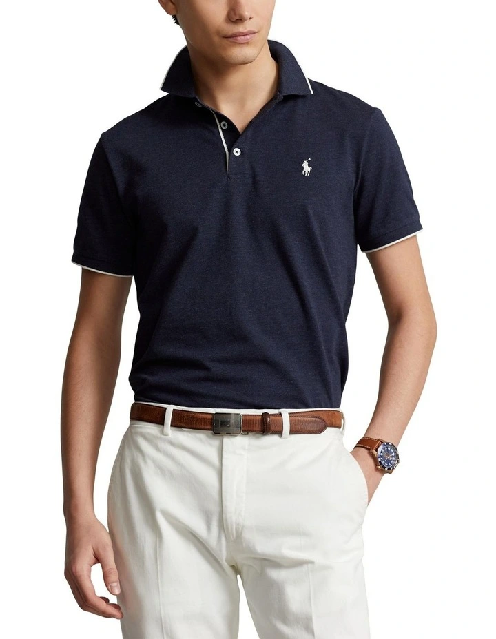 Custom Slim Fit Textured Mesh Polo Shirt in Navy image 1