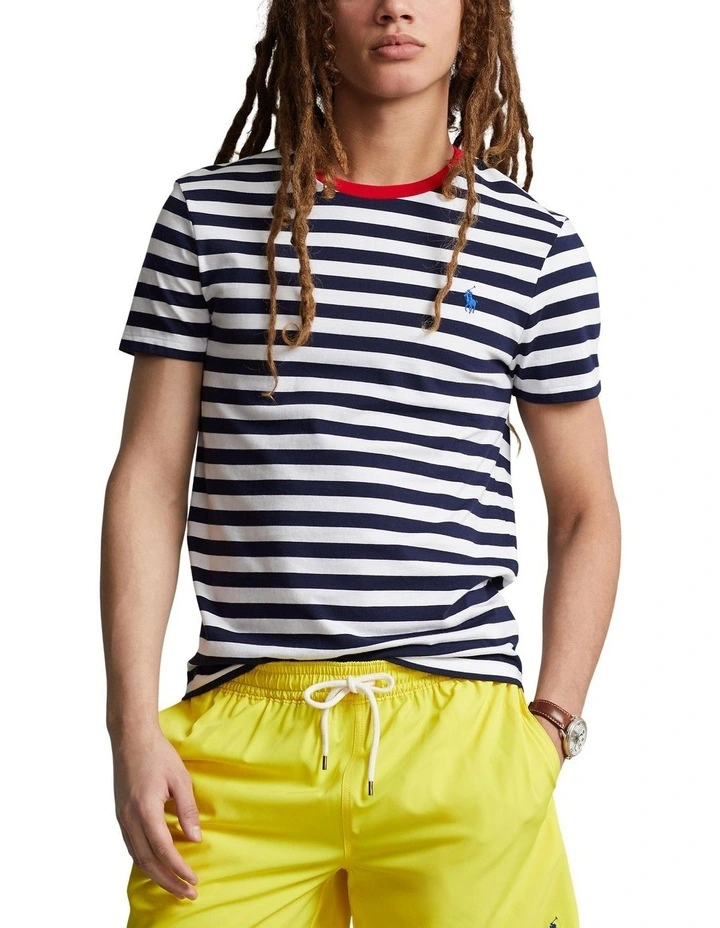 Custom Slim Fit Striped Jersey T-Shirt in Navy image 1