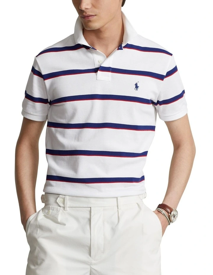 Custom Slim Fit Striped Mesh Polo Shirt in White image 1