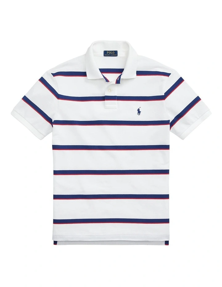 Custom Slim Fit Striped Mesh Polo Shirt in White image 4