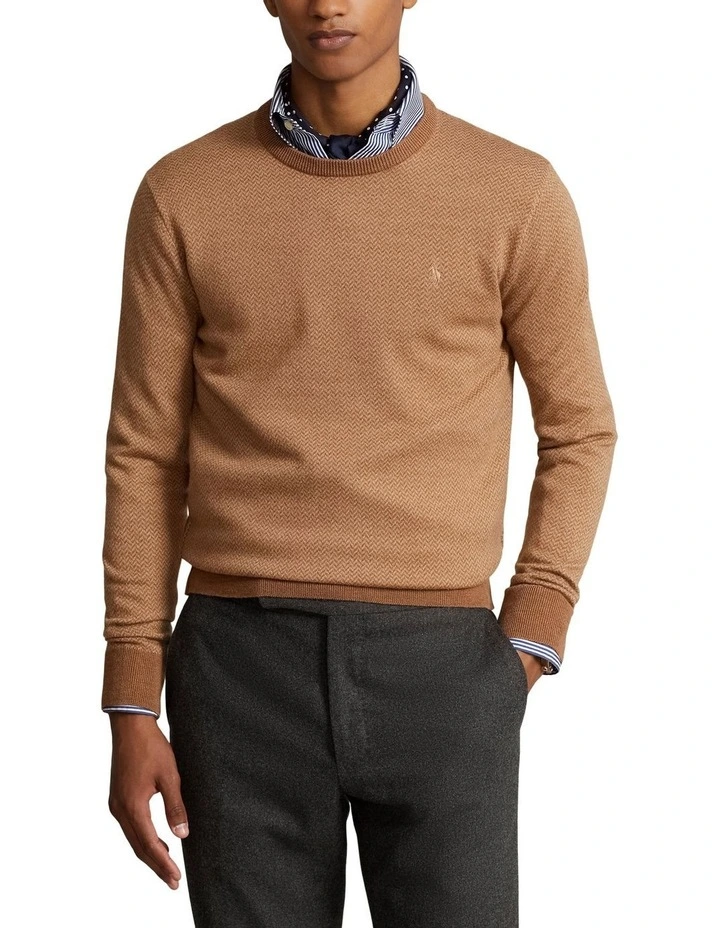 Herringbone-Knit Washable Wool Sweater in Beige image 1