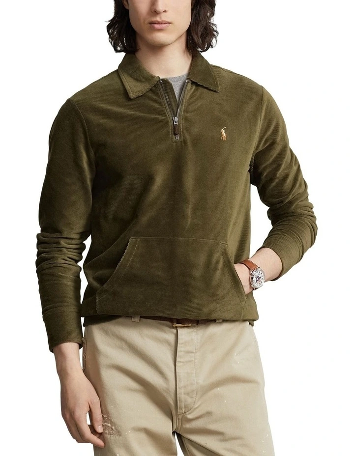 Knit Corduroy Quarter-Zip Pullover in Green image 1