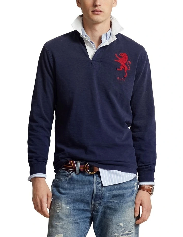 Classic Fit Heraldic Jersey Rugby Shirt in Navy image 1