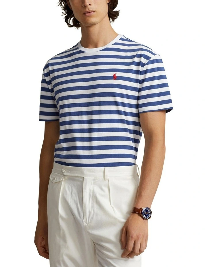 Custom Slim Fit Striped Jersey T-Shirt in Blue image 1