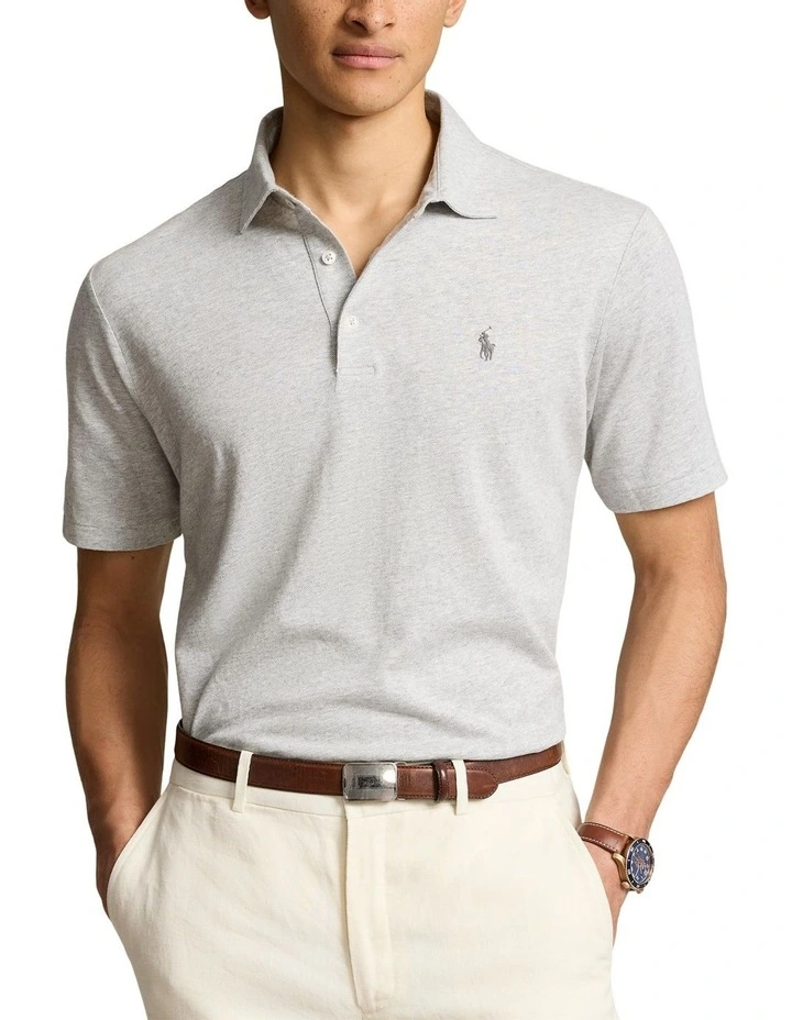 Classic Fit Cotton-Linen Mesh Polo Shirt in Grey image 1