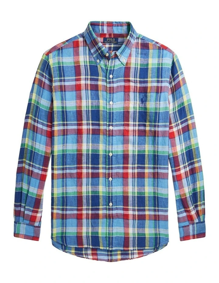Classic Fit Plaid Linen Shirt in Blue image 1