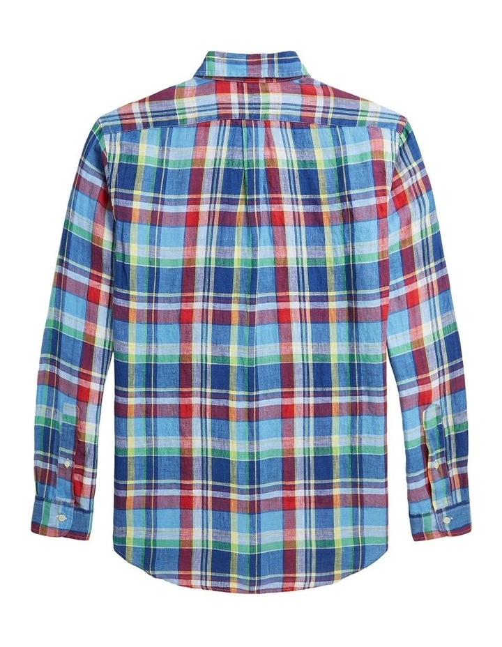 Classic Fit Plaid Linen Shirt in Blue image 2