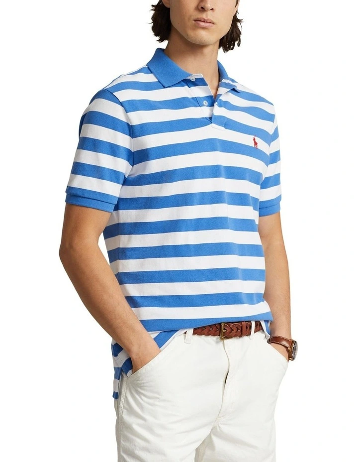 Custom Slim Fit Striped Mesh Polo Shirt in Blue image 1
