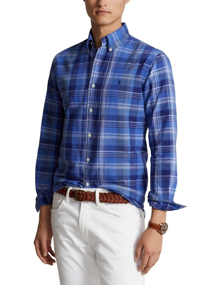 Classic Fit Plaid Oxford Shirt in Blue image 1